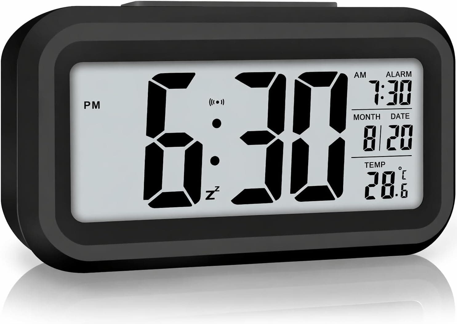 LYOKO Digital Alarm Clock with Automatic Sensor, Date and Temperature Display, Compact Desk Table Clock for Students