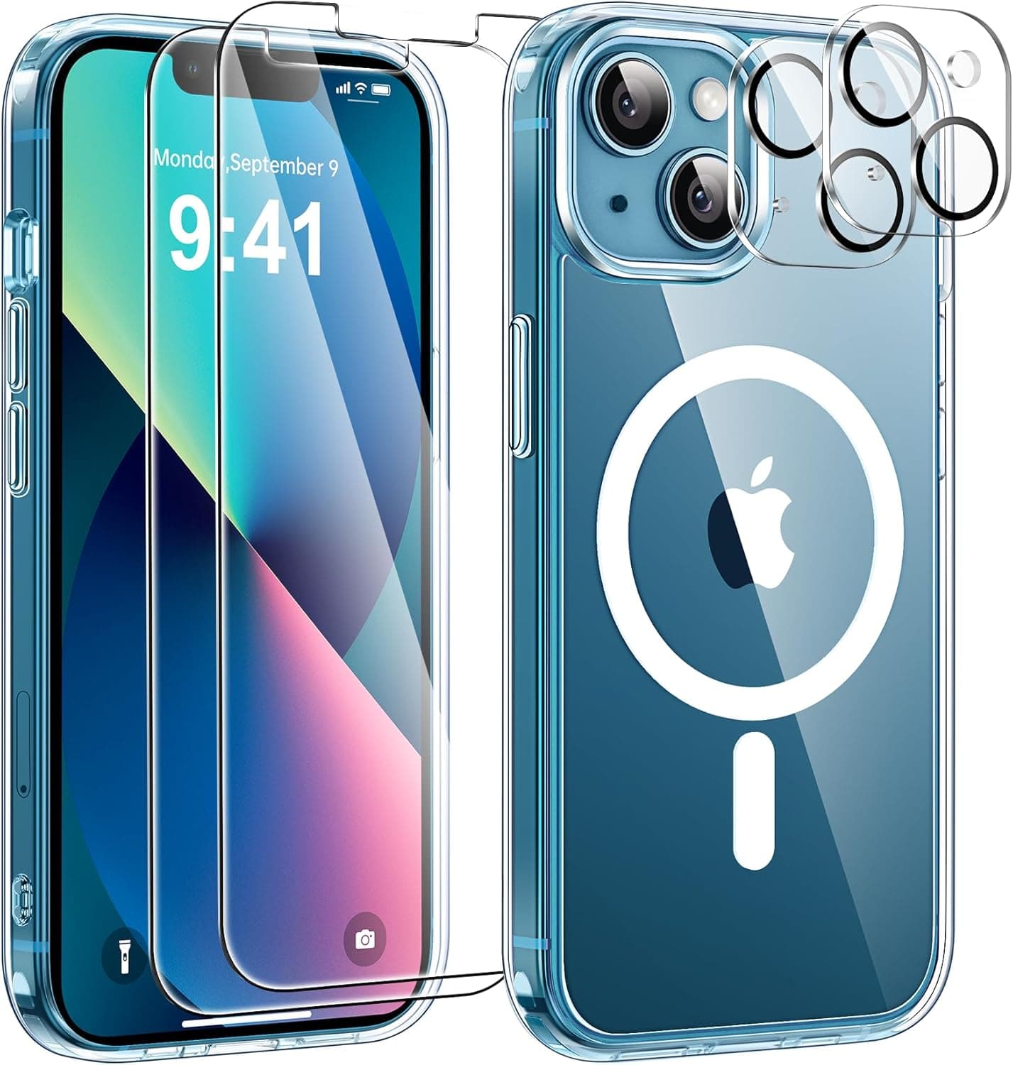 Casque Magnétique 5 en 1 pour iPhone 13 avec 2 Verre Tempré et 2 Camera Protégés, Compatible avec MagSafe Arrière Anti-Ícurs