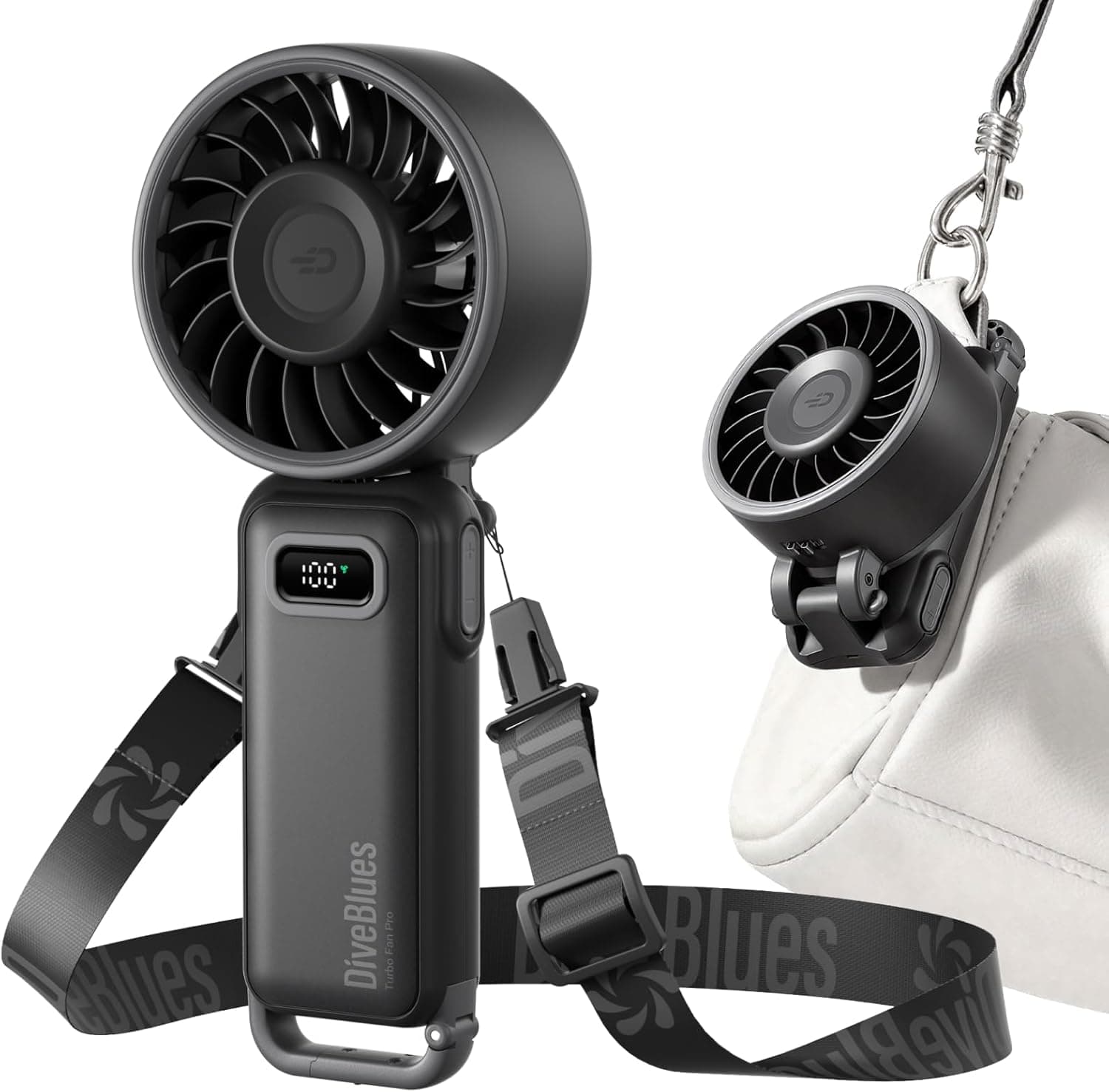 Diveblues Portable Fan Compact en Stijlvol met Batterij - Hand of 5cm, Desk of Neck of 20cm, Foldable