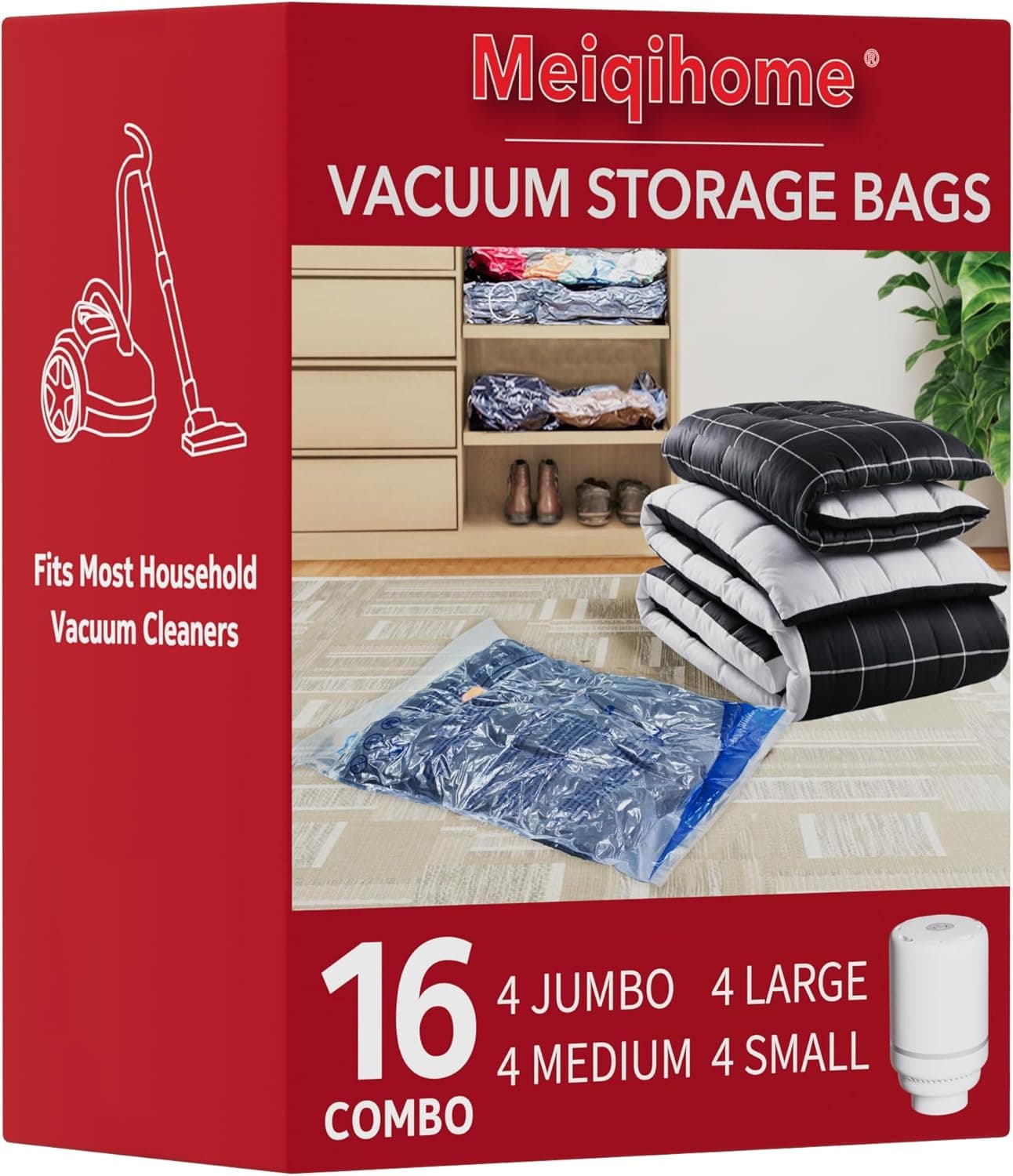 MEIQIHOME Kompressionsbeutel Set aus 16 Stücken mit elektrischer Pumpe - 4J/4L/4M/4S