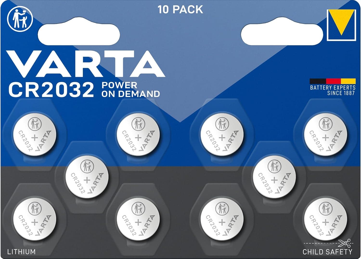 VARTA Batteries CR2032 10pk, 3V Lithium, Childproof Packaging