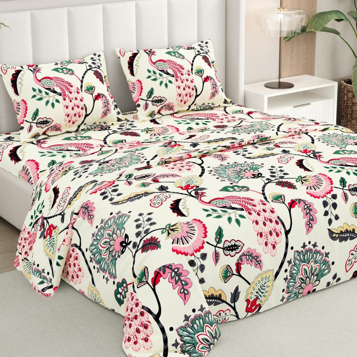 Rivermoor 200 TC Ultrasoft Cotton Flat Double Bedsheet with 2 Pillow Covers for Double Queen Size Bed | Floral Print Cream 88