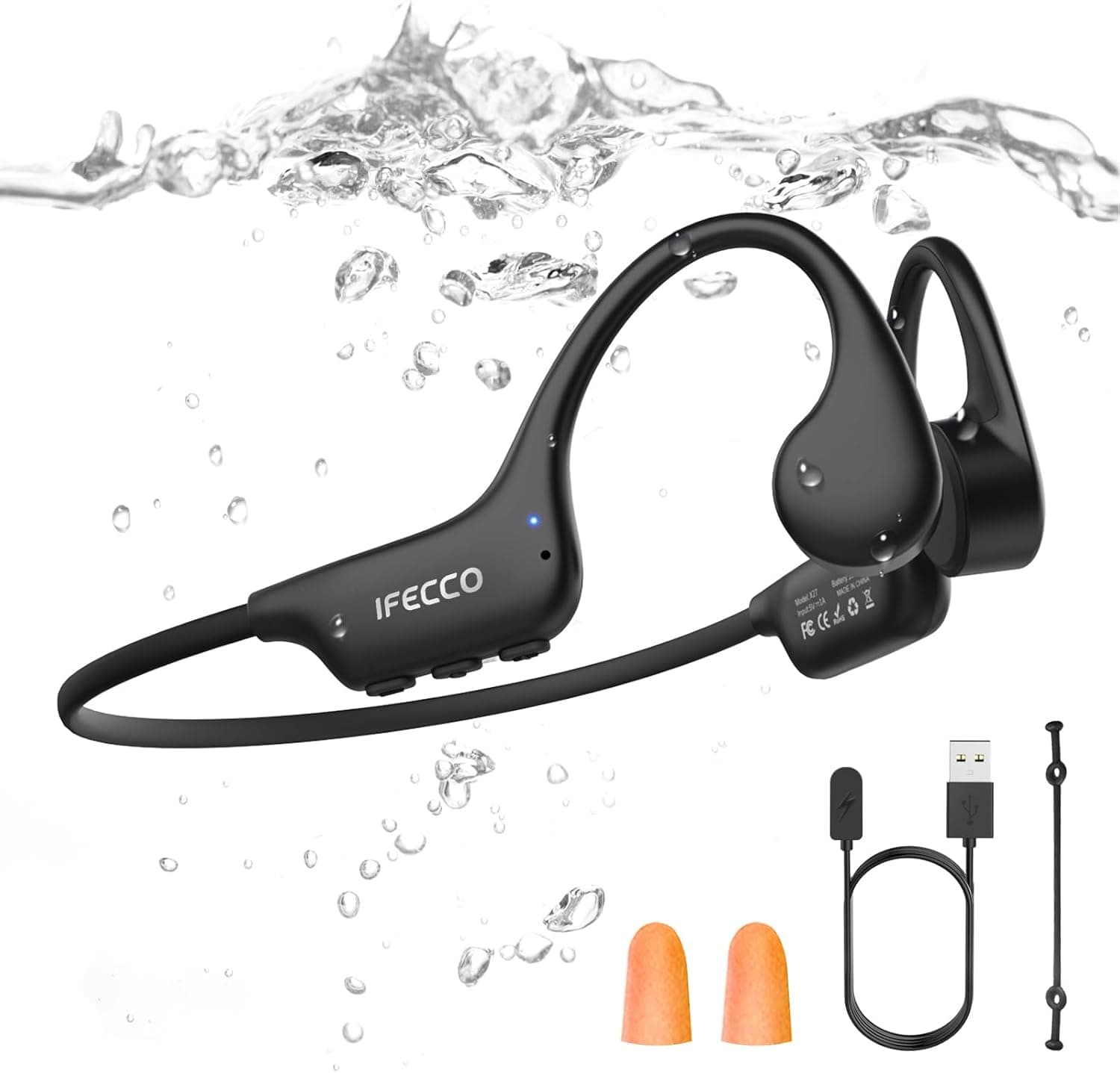 IFECCO Waterproof Headphones Swimming - IP68 Waterproof Bone Conduction Headphones Swimming Bluetooth 6.0,Underwater Headphon,Blue/Black (Pair)