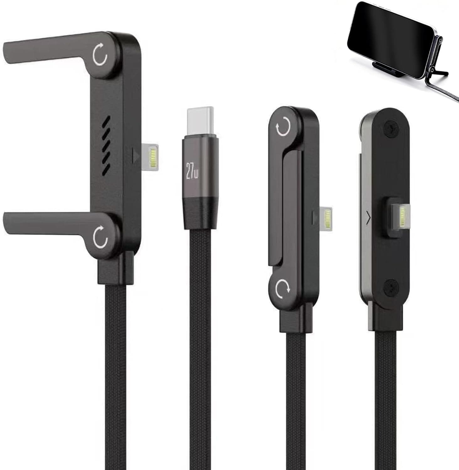 LuojinLuoda Sideways Phone Charger, 2-in-1 Invisible Holder Charger Cable - 4.9FT 240W Braided Fast Charge with Built-in Phon