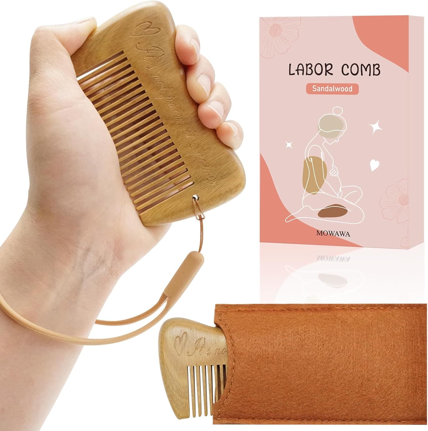 Mowawa Sandalwood Birthing Comb For Pain Relief & Delivery Essentials- Labor Gifts with Birth Affirmation For Women- Wood Com