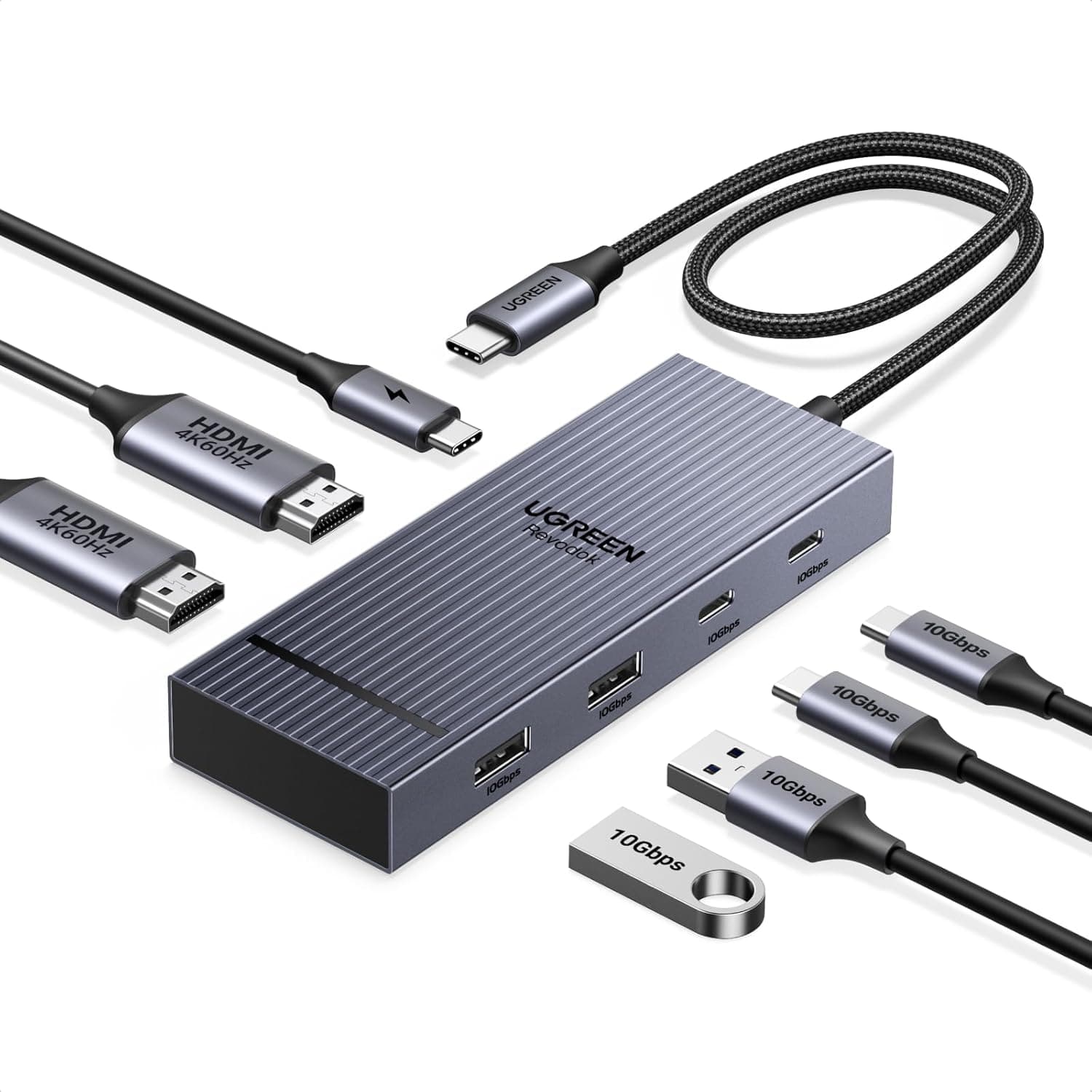 UGREEN Revodok Pro 207 USB C Docking Station Dual Monitor, 4K@60Hz HDMI, 10Gbps 2 Type C and A Data Ports, White