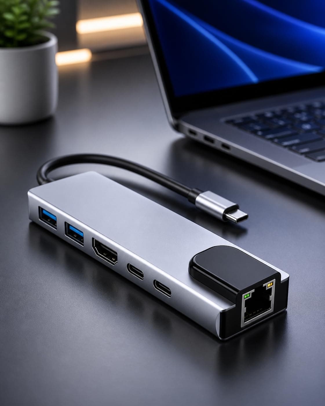 HUB USB C 6 EM 1 com HDMI 4K, RJ45 LAN 100 Mbps, 2 USB 3.0 e 2 USB C