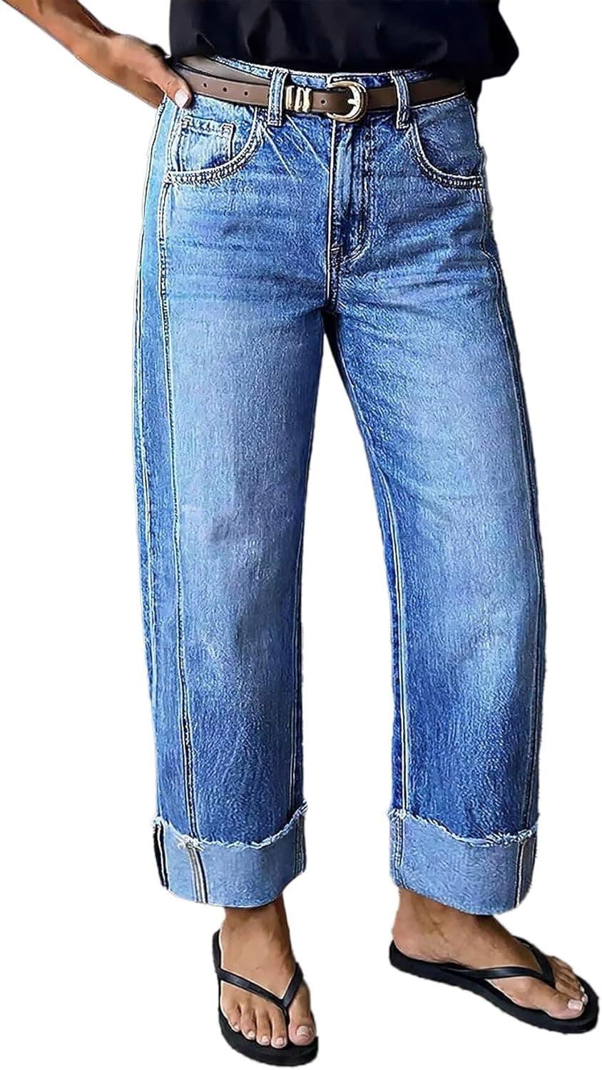 Flamingals Mid Rise Straight Leg Jeans for Women Wash Seam Front Roll Raw Hem Denim Pants Without Belt
