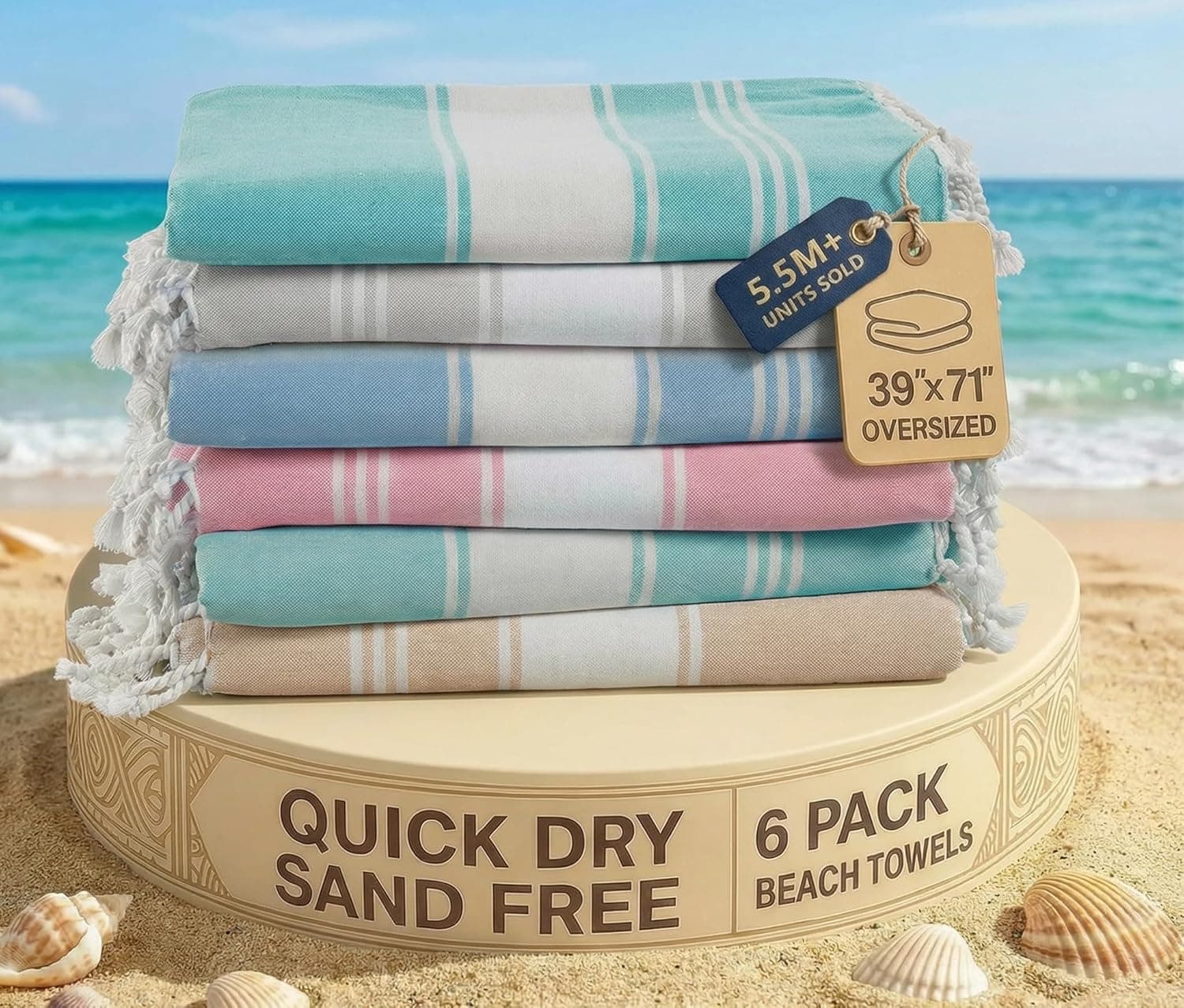 Lane Linen Beach Towel for Women, Turkish Beach Towels Set of 6, Pre-Washed, No-Shrink Sand Free Beach Towels Large, Quick Dry