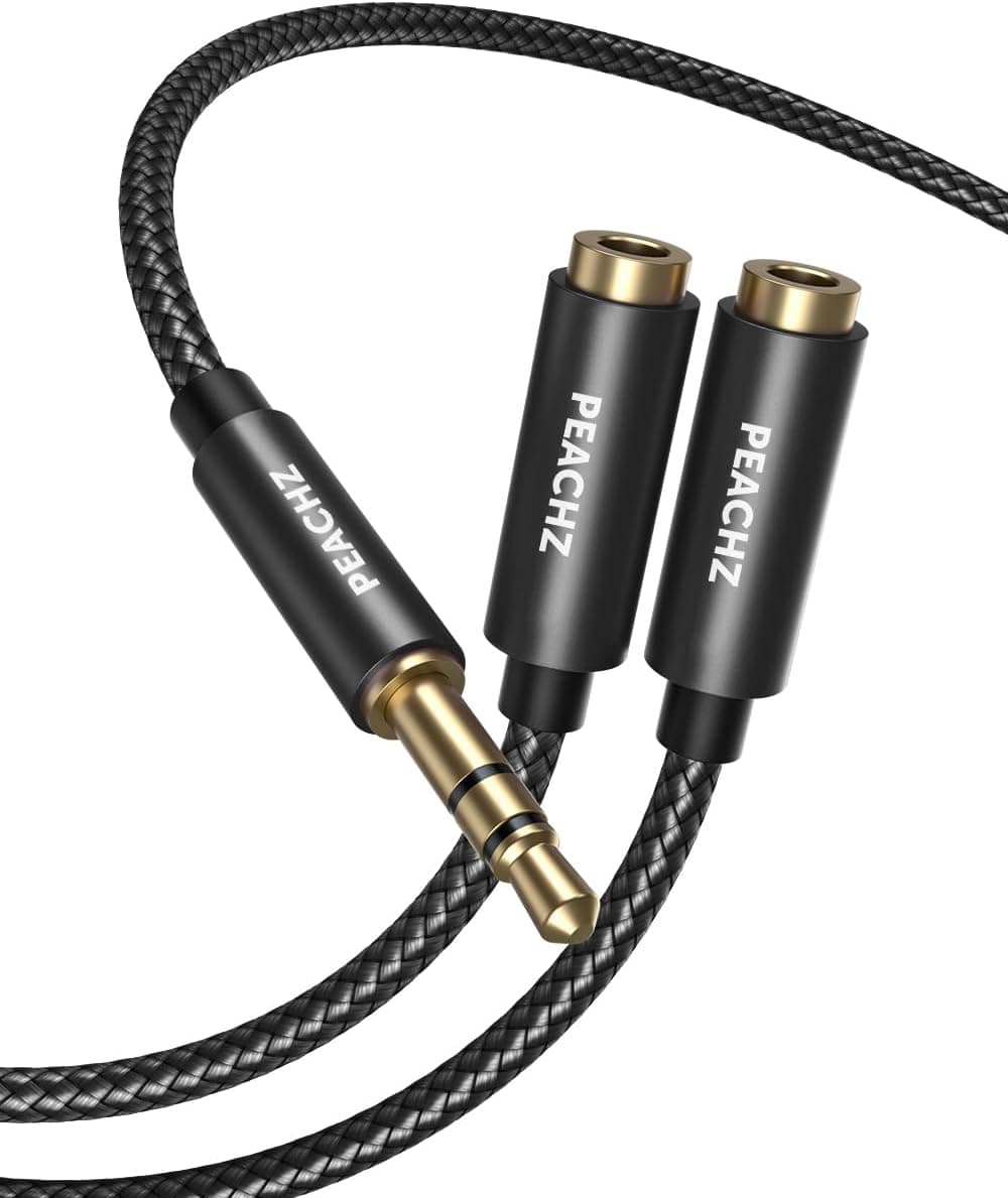 Peachz Headphone Splitter 3.5mm - Audio Splitter Cable 2 Female to 1 Male - 28cm Aux Stereo Jack Adapter for Headphones, S...