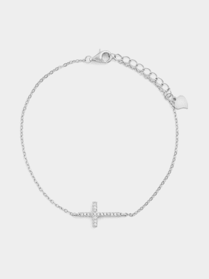 Sterling Silver Cubic Zirconia Sideways Cross Bracelet โ Sterns